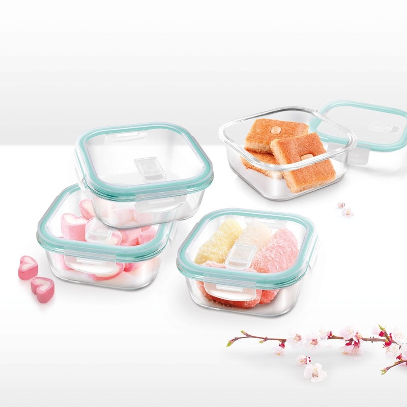 Treo High Borosilicate Clip Fresh 320 ML Square Container | Transparent | Set of 4 Pcs