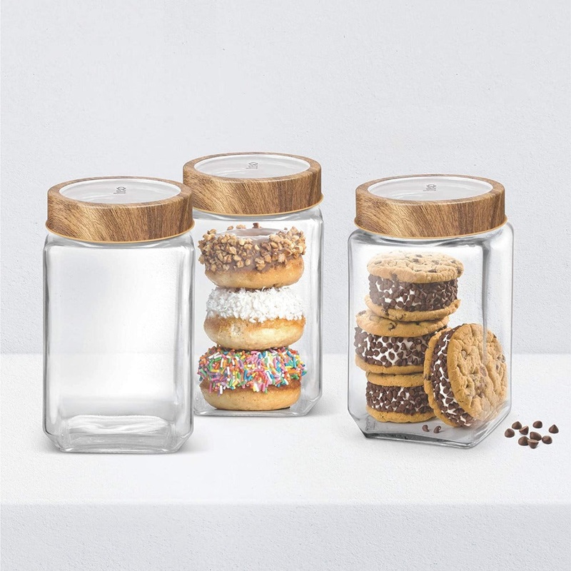 Treo Woody Cube Jar 800 ML Storage Glass Jar | Transparent | Set of 3 Pcs