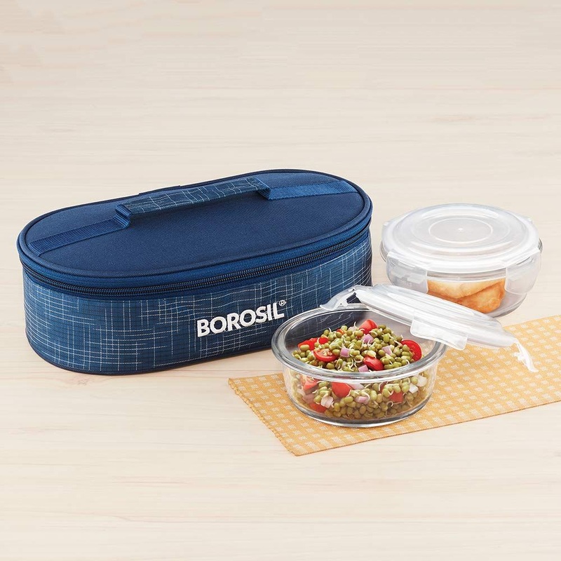 Borosil Indigo 2 Containers Glass Lunch Box | Microwave Safe | Set of 2 Pcs
