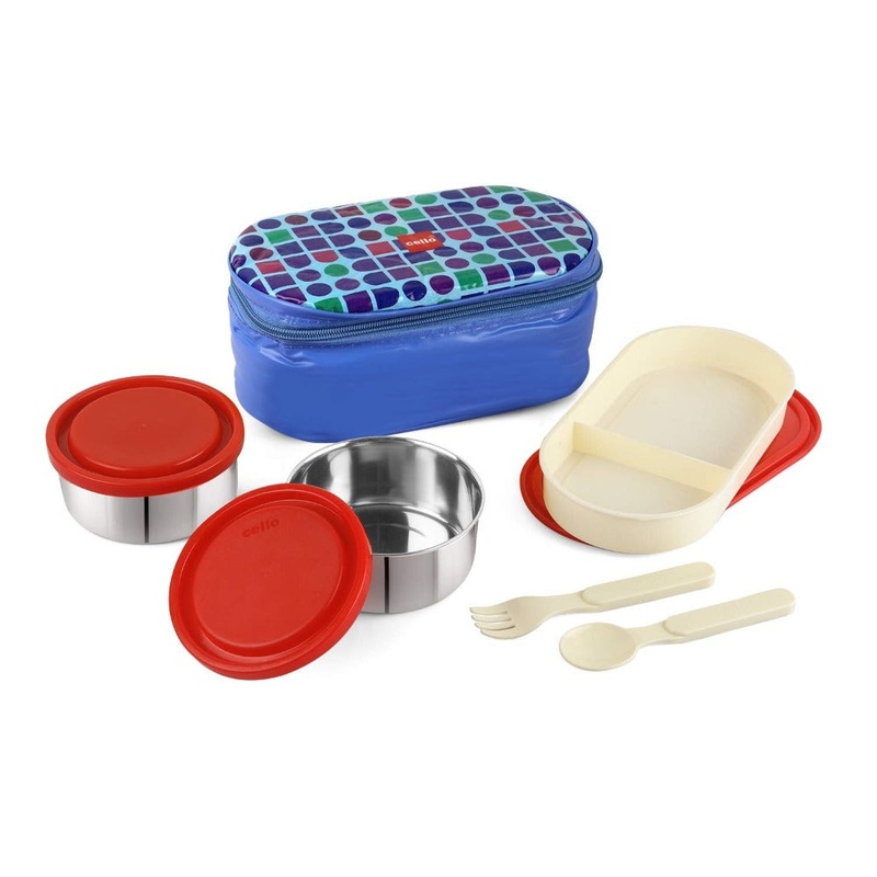 Cello Big Bite Lunch Box with Jacket | 2 Round Containers +1 Oval Container + 1 Spoon + 1 Fork | Set of 5 Pcs
