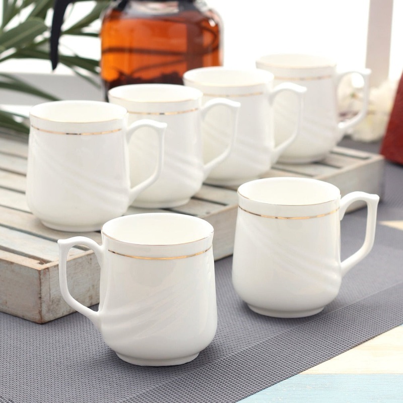 Clay Craft Ceramic New Lilly Gold Line 180 ML Coffee & Tea Mugs | White | Set of 6 Pcs