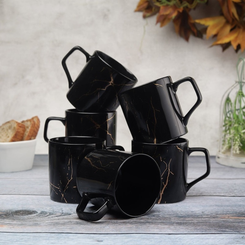 Clay Craft Marble Monochrome 220 ML Black Gold Coffee & Tea Mugs | Black | Set of 6 Pcs