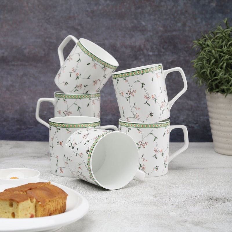 JCPL Ceramic Floral Printed Gardenia 220 ML Coffee & Tea Mugs | White & Green | Set of 6 Pcs