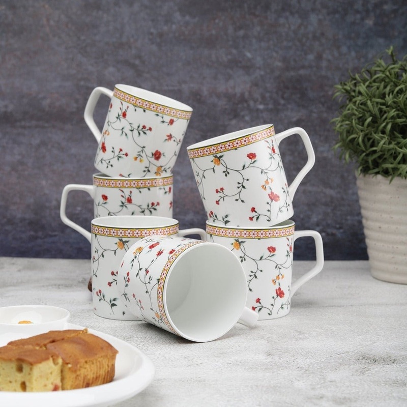 JCPL Ceramic Floral Printed Gardenia 220 ML Coffee & Tea Mugs | White & Red | Set of 6 Pcs