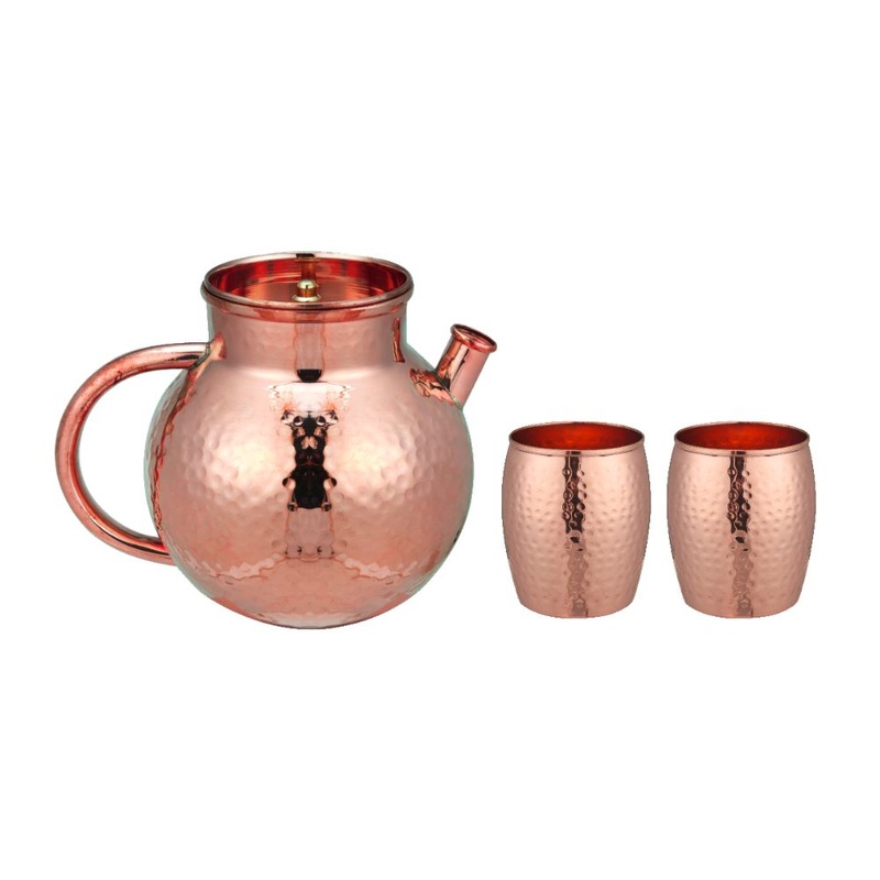 LaCoppera Copper Hammered Marina Jug Set with 2 Glasses - LG8022 | Copper | Set of 3 Pcs
