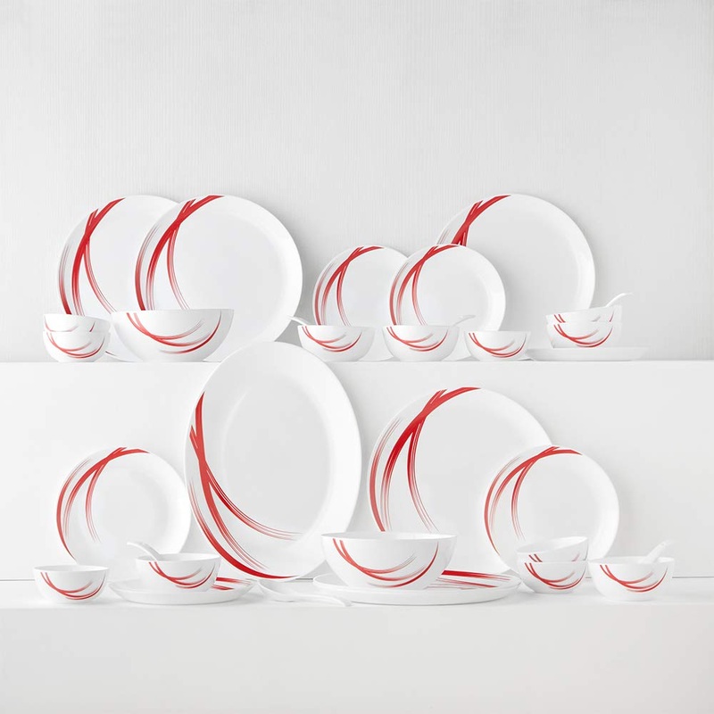 Larah by Borosil - Moon Series Red Stella Opalware Dinner Set | White & Red | Set of 33 Pcs