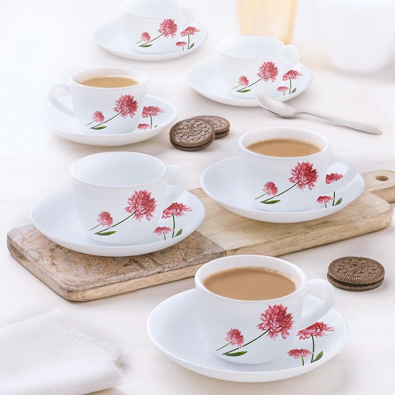 Larah by Borosil Opalware Belle Cup and Saucer Set | 140 ML | Set of 12 Pcs