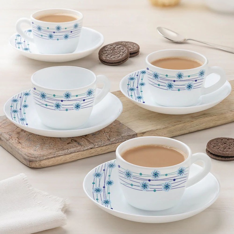 Larah by Borosil Opalware Bluebell Cup and Saucer Set | 140 ML | Set of 12 Pcs