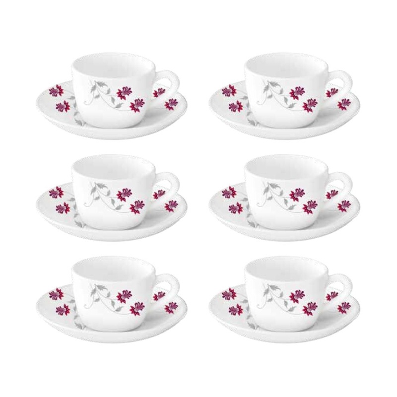 Larah by Borosil Opalware Flower Pot Cup and Saucer Set | 140 ML | Set of 12 Pcs