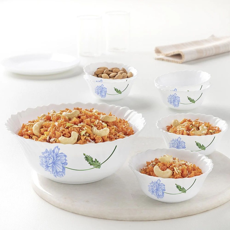 Larah by Borosil Opalware Silk Series - Blue Mist Mini Pudding Set | Set of 7 Pcs