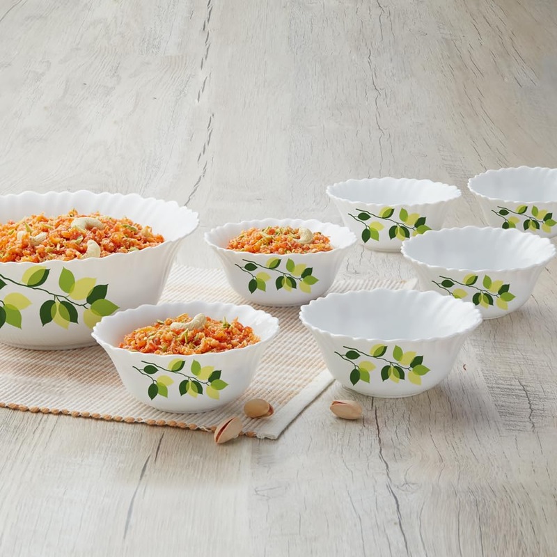 Larah by Borosil Opalware Silk Series - Green Leaves Mini Pudding Set | Set of 7 Pcs