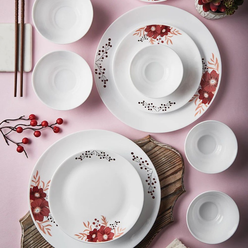 Larah by Borosil - Tiara Series Paradise Opalware Dinner Set | White | Set of 33 Pcs