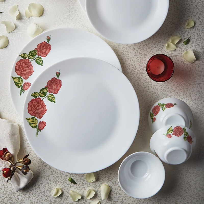 Larah by Borosil - Tiara Series Rose Gold Opalware Dinner Set | White | Set of 33 Pcs