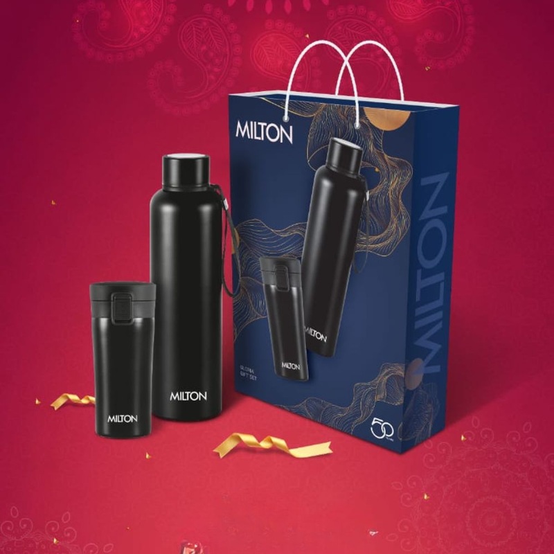 Milton Gloria Gift Set - Coffee 350 ML Mug + Aura 1000 ML Bottle | Black | Set of 2 Pcs