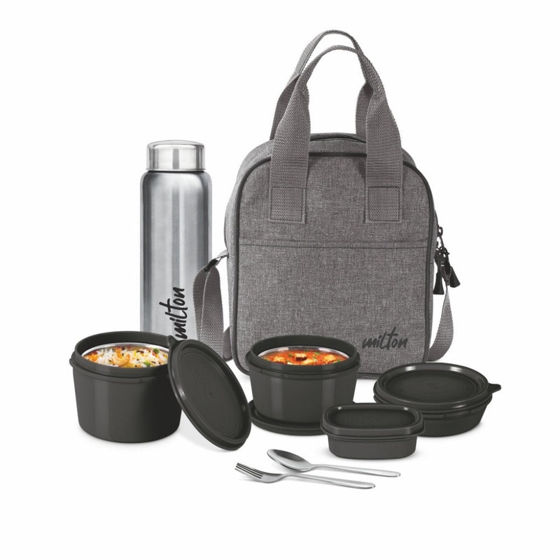Milton Savor Lunch Tiffin with 4 Container + 1 Aqua 750 ML Bottle + 1 Steel Spoon and 1 Fork | Insulated Jacket | Set of 8 Pcs