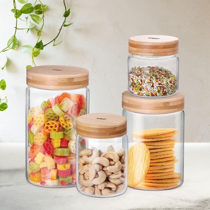 Treo Borosilicate Round Storage Glass Jar with Wooden Lid | Transparent | 1 Pc