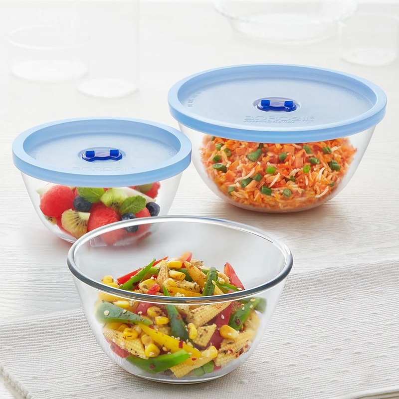 Borosil 2 Bowls with Blue Lid + 1 Bowl without Lid | Transparent | Set of 3 Pcs