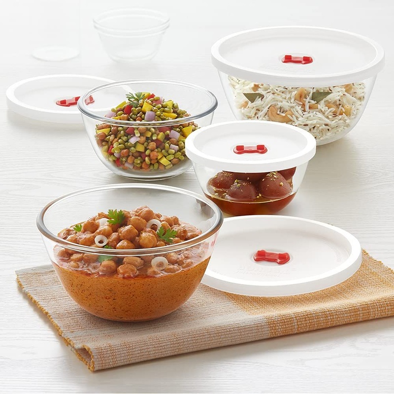 Borosil Basic 350 ML + 500 ML + 900 ML + 1300 ML Mixing Bowl Set with Plastic Lid | Transparent | Set of 4 Pcs