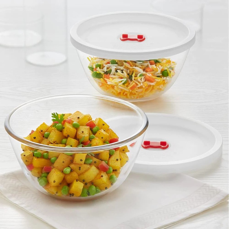 Borosil Basic 900 ML Mixing Bowl Set with Plastic Lid | Transparent | Set of 2 Pcs