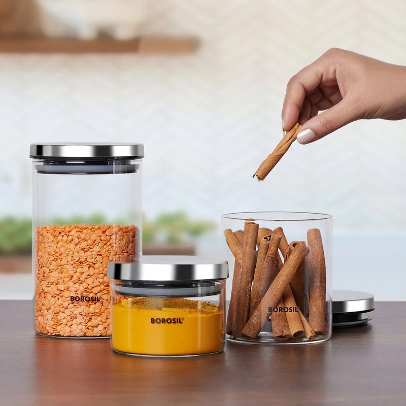 Borosil Classic Air-Tight Glass Storage Jar | Transparent | Set of 3 Pcs