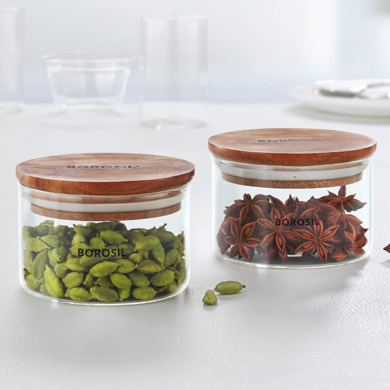 Borosil Classic Jar with Wooden Lid | Transparent | Set of 2 Pcs