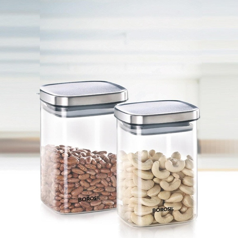Borosil Classic Square 1000 ML Air-Tight Storage Glass Jar | Transparent | Set of 2 Pcs