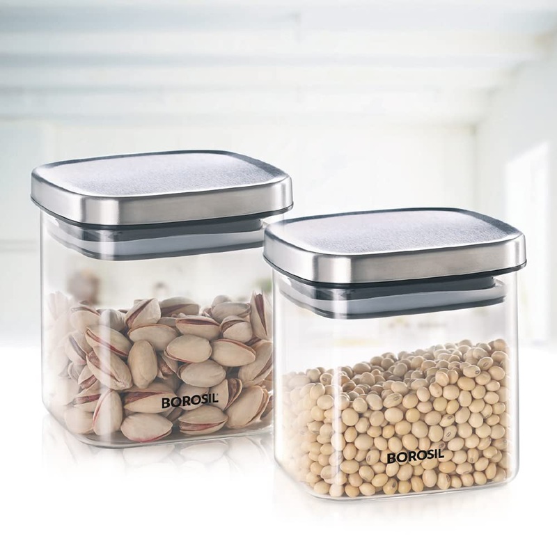 Borosil Classic Square 600 ML Air-Tight Storage Glass Jar | Transparent | Set of 2 Pcs