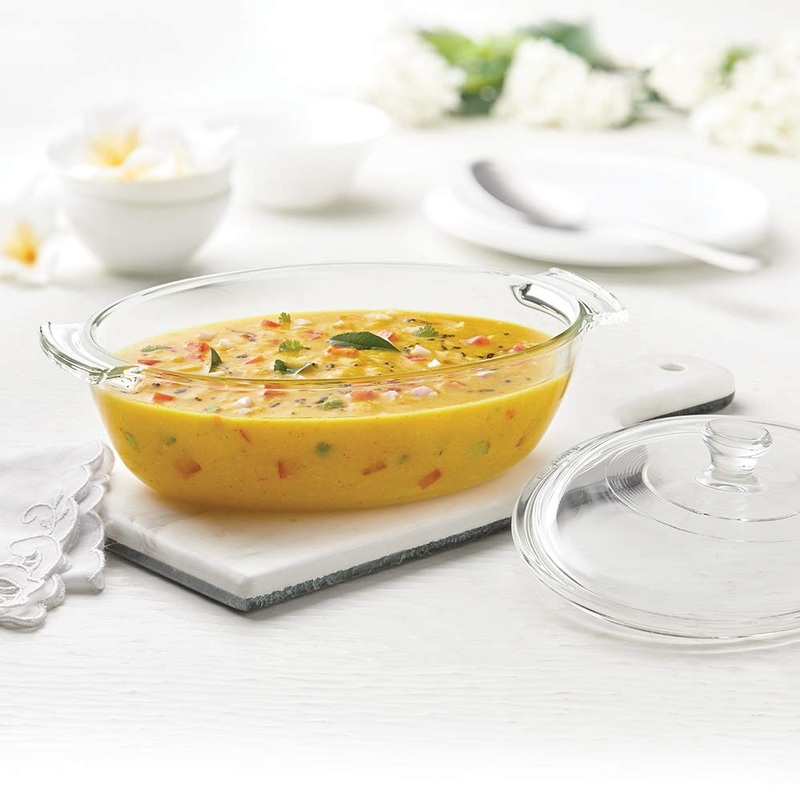 Borosil Deep Oval 1300 ML Casserole with Knob Lid | Microwave Safe & Oven Safe | Transparent | 1 Pc