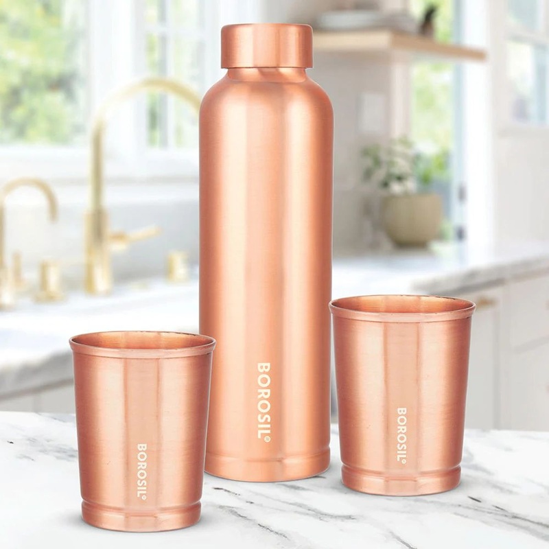 Borosil ECO Copper Bottle & Glass Set | Unique Gift Set | Set of 3 Pcs