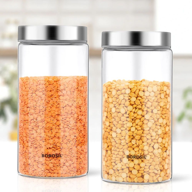 Borosil Endura 1200 ML Airtight Glass Storage Jar Set with Stainless Steel Lid | Transparent | Set of 2 Pcs