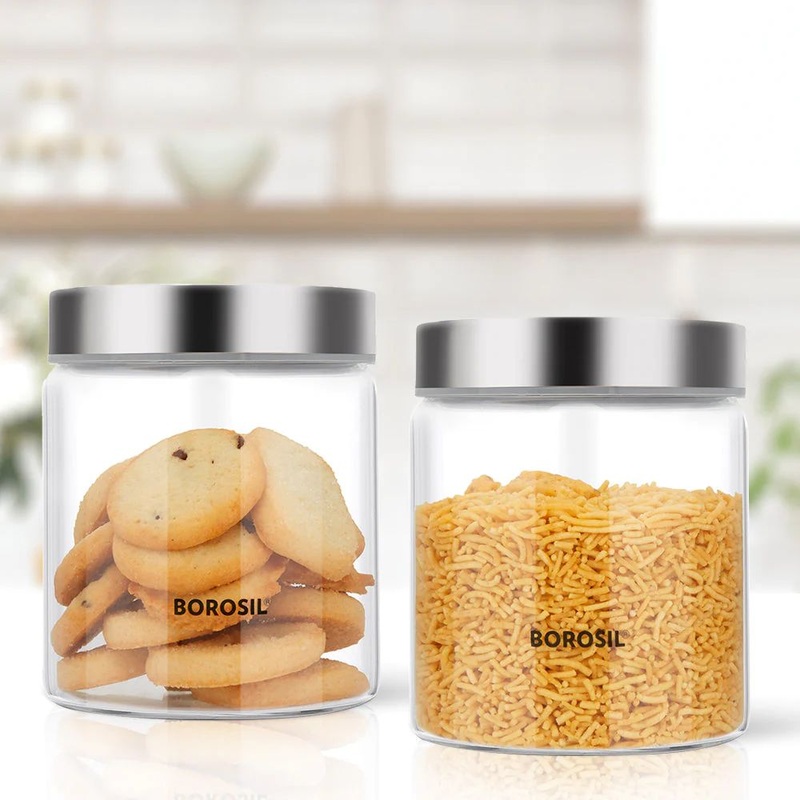 Borosil Endura 600 ML Airtight Glass Storage Jar Set with Stainless Steel Lid | Transparent | Set of 2 Pcs