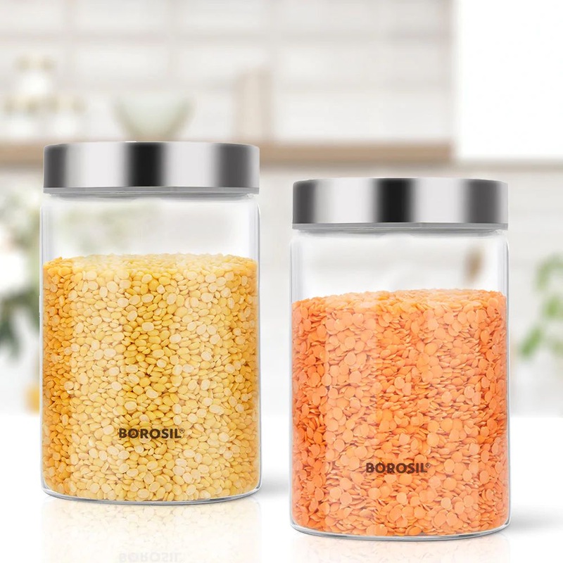 Borosil Endura 900 ML Airtight Glass Storage Jar Set with Stainless Steel Lid | Transparent | Set of 2 Pcs