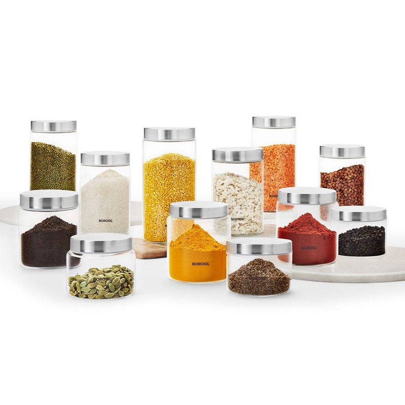 Borosil Endura Air-Tight Glass Storage Jar | Transparent | Set of 12 Pcs