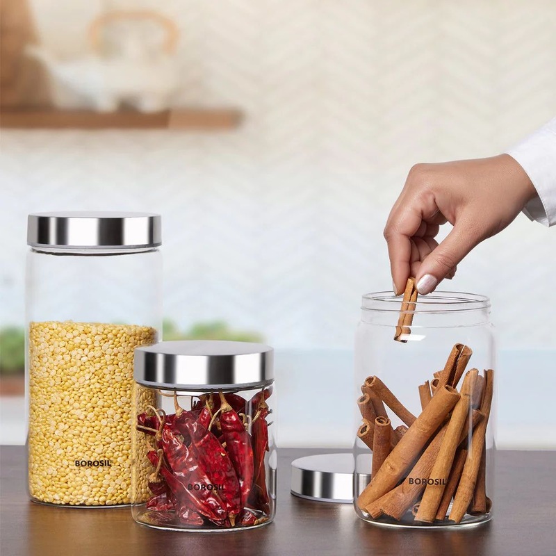 Borosil Endura Air-Tight Glass Storage Jar | Transparent | Set of 3 Pcs