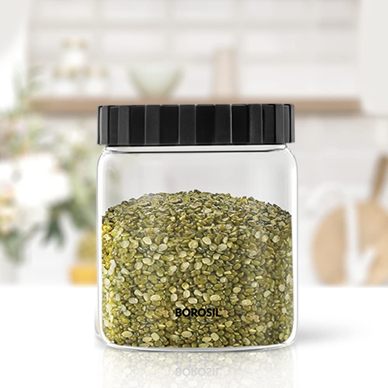 Borosil Endura Airtight Glass Storage Jar with PP Black Lid | Transparent | 1 Pc