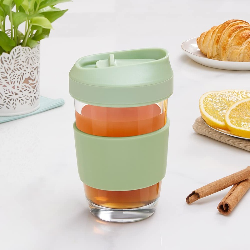 Borosil Glass 300 ML Travel Mug with Silicone Sleeve | Green | 1 Pc