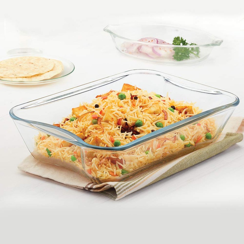 Borosil Glass Easy Grip Rectangular Baking Dish | Microwave Safe & Oven Safe | Transparent | 1 Pc