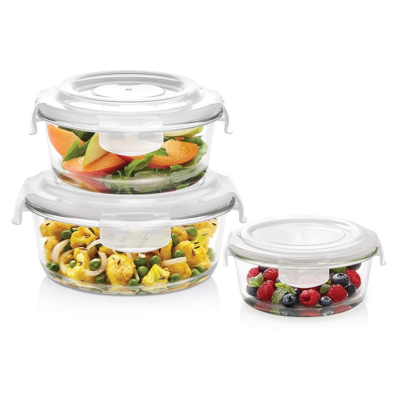 Borosil Klip n Store 400 ML + 620 ML + 950 ML Round Glass Container | Transparent | Set of 3 Pcs