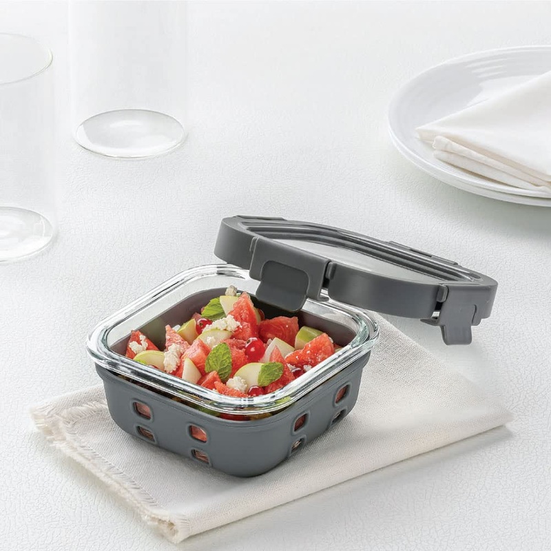 Borosil Klip n Store Plus Square Glass Container | Grey | 1 Pc