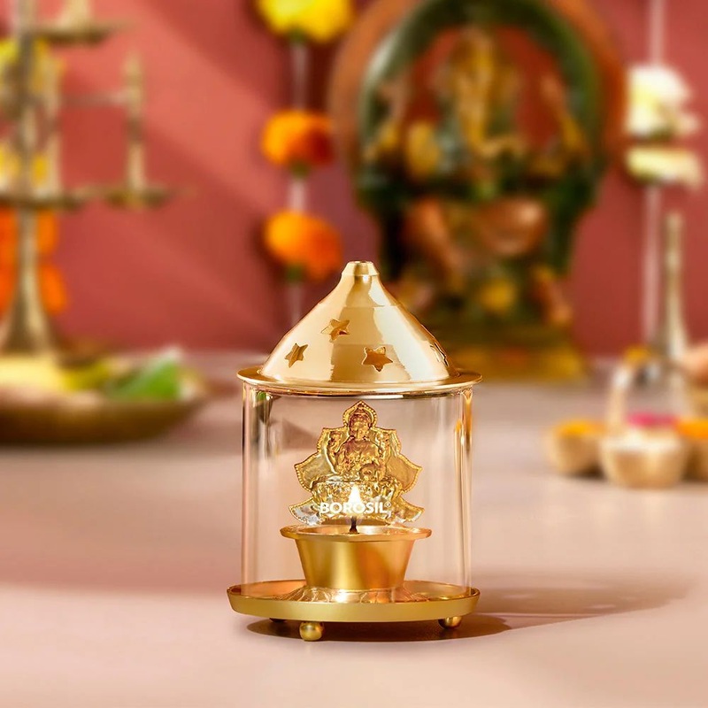 Borosil Laxmi Diya | Brass Diya with a Brass top and Borosilicate Glass Chimney | 1 Pc