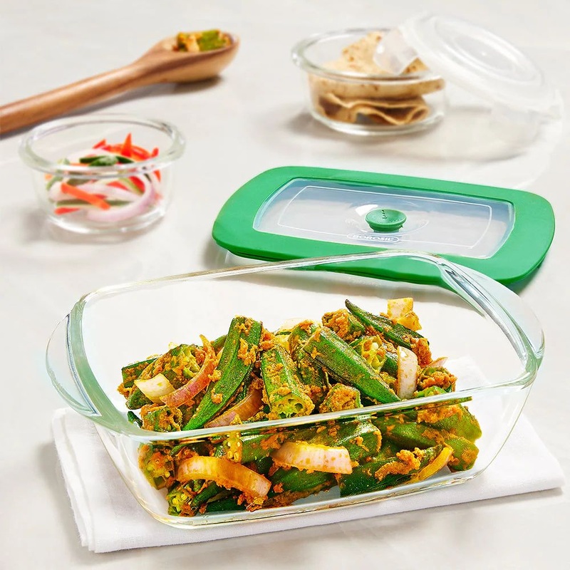 Borosil Rectangular Dish with Green Lid | Microwave & Oven Safe | Transparent | 1 Pc