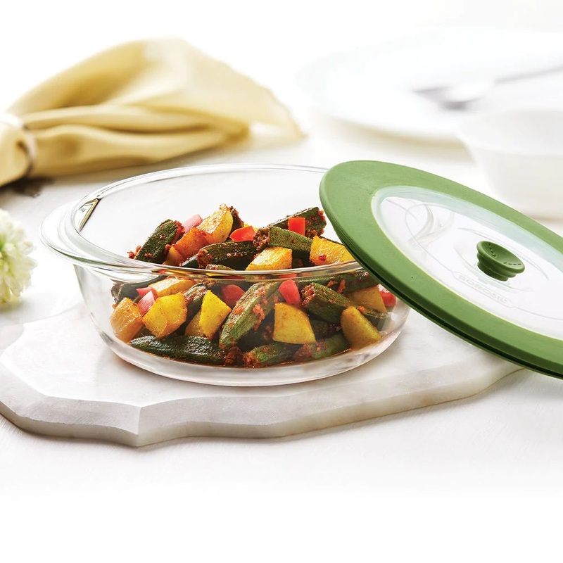 Borosil Round 1000 ML Dish with Green Lid | Microwave & Oven Safe | Transparent | 1 Pc