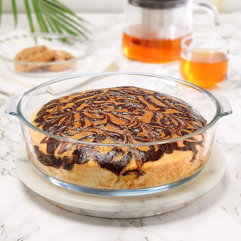 Borosil Round 1200 ML Cake Dish with Handle | Microwave & Oven Safe | Transparent | 1 Pc