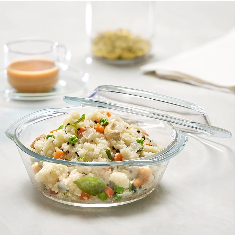 Borosil Round Casserole with Lid | Microwave Safe & Oven Safe | Transparent | 1 Pc