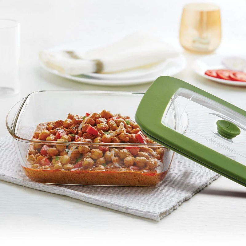 Borosil Square Dish with Green Lid | Microwave & Oven Safe | Transparent | 1 Pc