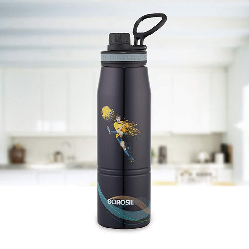 Borosil Stainless Steel Hydra Gosports Football 900 ML Vacuum Insulated Water Bottle | Black | 1 Pc
