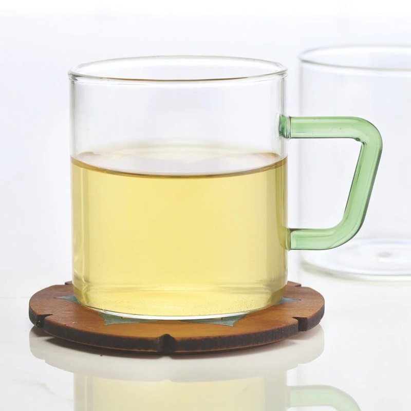 Borosil Vision Classic 190 ML Mug with Green Handle | Transparent | Set of 6 Pcs
