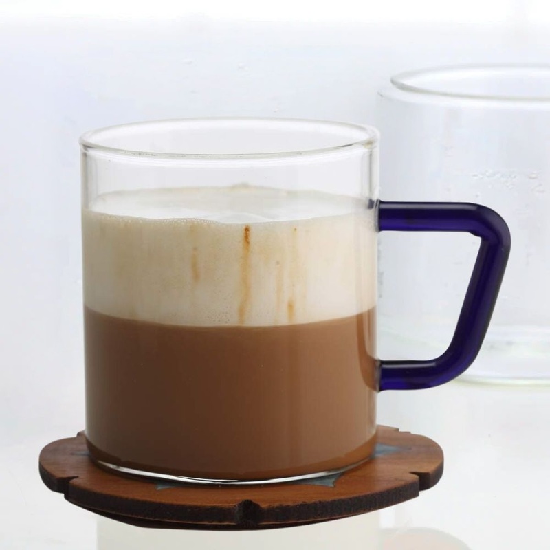 Borosil Vision Classic 190 ML Mug with Indigo Handle | Transparent | Set of 6 Pcs