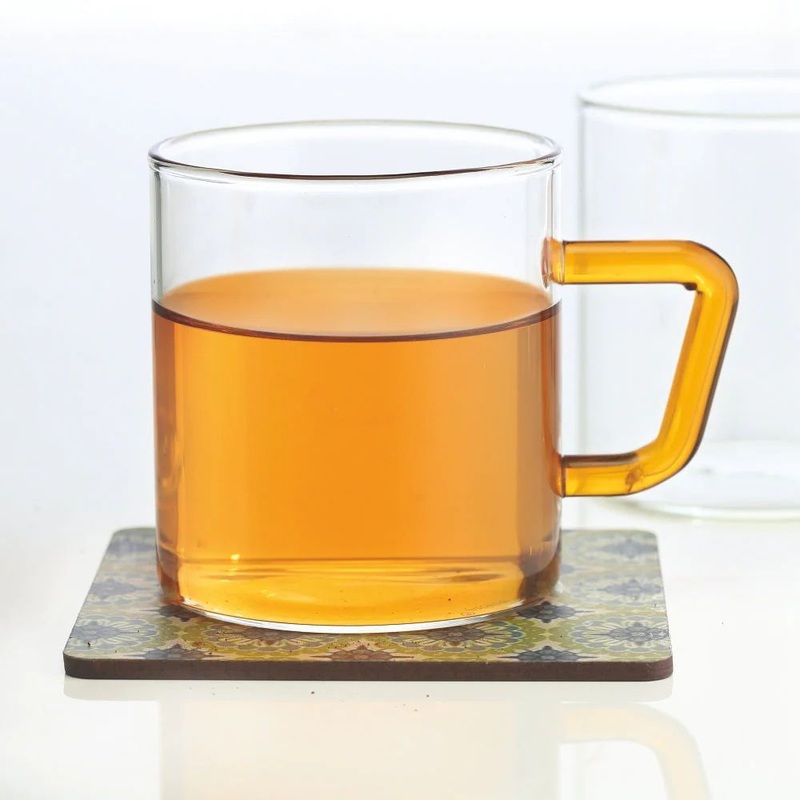 Borosil Vision Classic 190 ML Mug with Yellow Handle | Transparent | Set of 6 Pcs