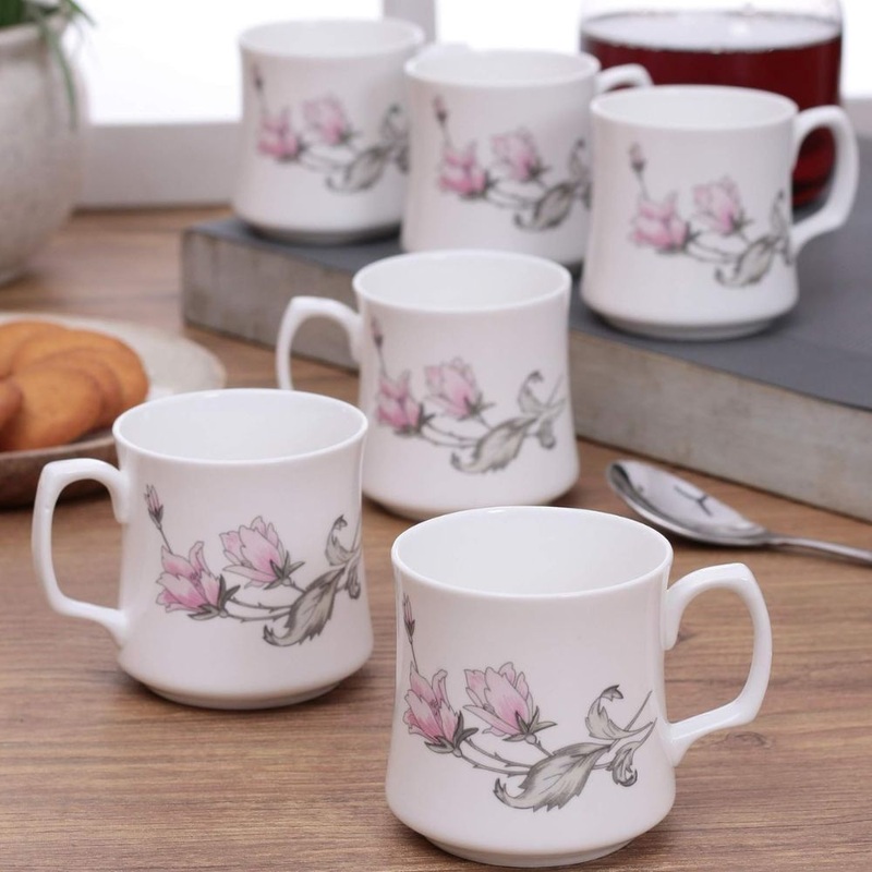 Clay Craft Ceramic Floral Printed 200 ML Coffee & Tea Mugs | White | Set of 6 Pcs